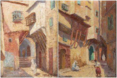 Henri Edouard BARGIN (1906 - 1980) Rues animées dans la Casbah d'Alger Paire d'huiles...