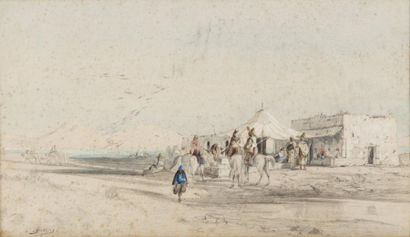 Narcisse BERCHERE (1819-1891) Chevaux et guerriers au repos Aquarelle et crayon signé...