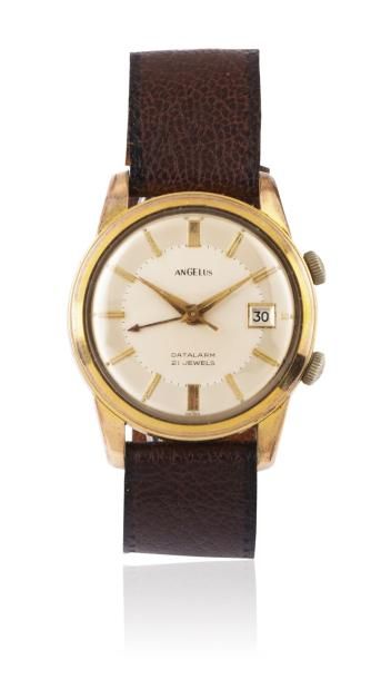 ANGELUS ALARM vers 1960 Montre bracelet réveil en métal plaqué or. Boîtier rond....