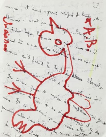 CHAISSAC Gaston Dessin original signé, au feutre rouge, représentant un oiseau «chaissaquien»....
