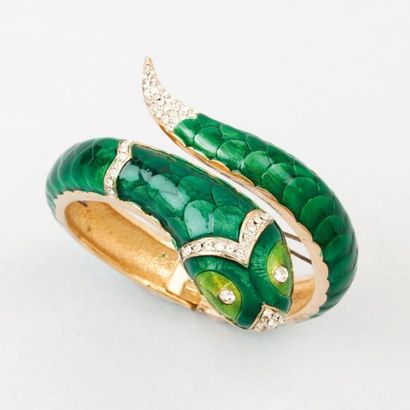 ANONYME Bracelet serpent en métal doré émaillé vert orné de strass à l'imitation...
