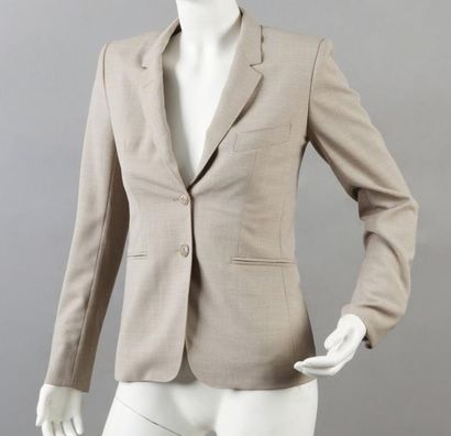 HERMES Paris Tailleur pantalon en toile de laine beige,veste à col cranté, simple...
