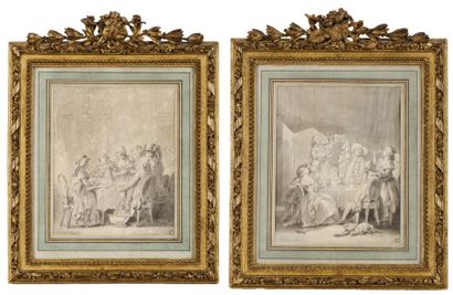 Jean-Baptiste HUET (Paris, 1745 - 1811) Une paire: le souper et le déjeuner Plume...
