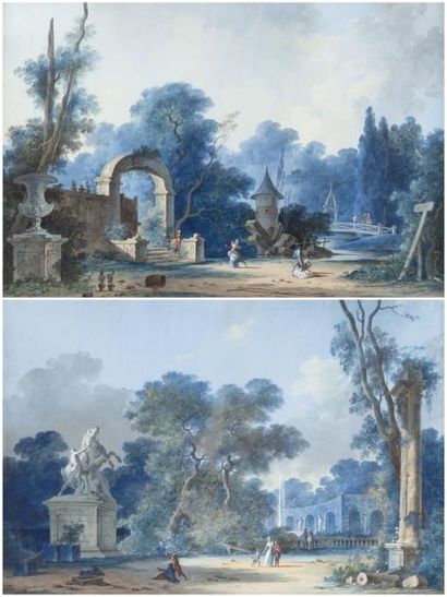 Antoine-Pierre MONGIN (Paris, 1761 - Versailles, 1827) Deux scènes de parc animé,...