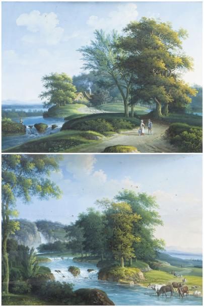 J.C MARTAZ (XIXème siècle) Troupeau se désaltérant à la rivière dans un paysages...
