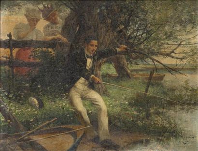 Edmond Louis DUPAIN (1847-1933) Le pêcheur distrait Huile sur toile, signée en bas...