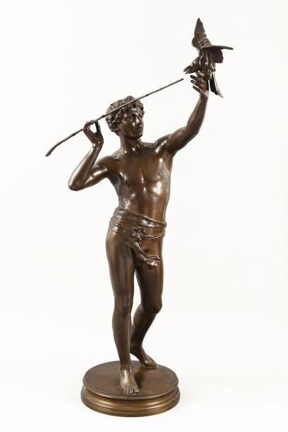 Adolphe Martial THABARD (1831-1905) Le jeune oiseleur Bronze à patine médaille, signé...