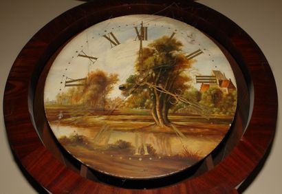 null Horloge de parquet en placage d'acajou, le cadran circulaire peint d'un paysage...