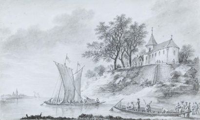 Aignan-Thomas Desfriches (Orléans 1715-1800) Quatre paysages animés Crayon noir,...