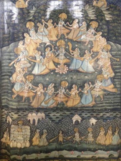 null Pitchway peint sur tissu d'une scène représentant Krishna jouant de la flûte...