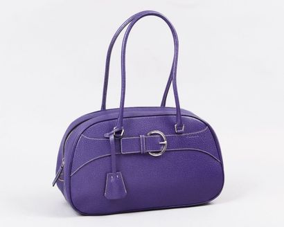 PRADA Sac 27cm en cuir sanglier violet à surpiqûres blanches, fermeture éclair, double...