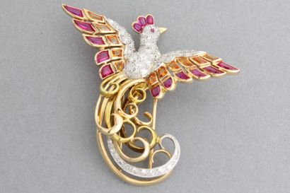 null Broche «Oiseau de Paradis» en or jaune et platine sertie de diamants taillés...