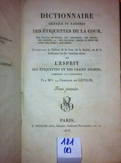 GENLIS Stéphanie-Félicité Du Crest, Comtesse de Dictionnaire critique et raisonné...