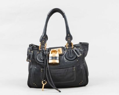 CHLOE Sac "Paddington" en cuir grené noir, poche extérieure, double poignée, clef,...