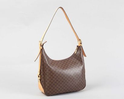 CELINE Sac 26cm en toile siglée marron et cuir naturel, fermeture éclair, anse bandoulière...