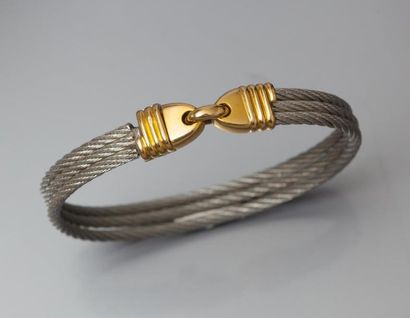 FRED - FORCE 10 Bracelet en or jaune et câble marin en acier. Signé Fred. P. Brut...