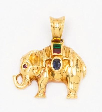 null Pendentif «Éléphant» en or jaune orné de pierres de couleurs. P. 7,2g