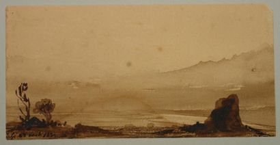 ECOLE FRANCAISE DU XIXème siècle Paysage Lavis brun situé et daté "Libye 29 août...