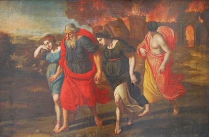 Ecole romaine du XVIIème, d'après Raphaël Loth et ses filles fuyant Sodome Toile...