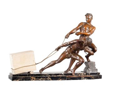 Jean de RONCOURT (XIX-XXème) Groupe en bronze à patine brune représentant deux hommes...