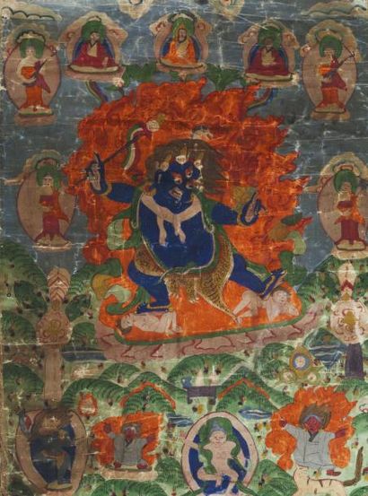 null Thangka de Mahakala bleu à l'encre et pigments sur toile représentant le protecteur...