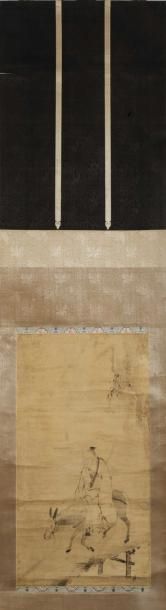 null Peinture au lavis sur papier représentant le sage chinois Laozi (Rôshi) traversant...
