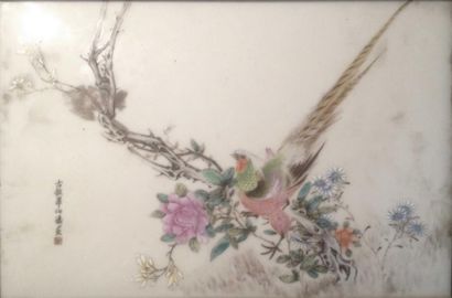null Plaque en porcelaine à décor d'un oiseau sur des branchages fleuris. Signée....