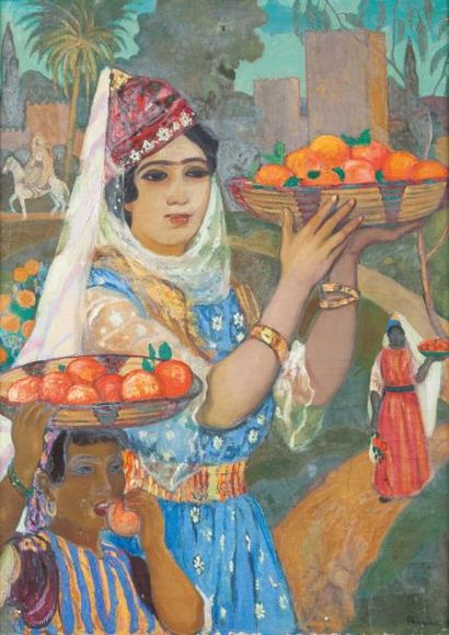 André SUREDA (1872-1930) Femme portant des oranges devant les remparts de Mansourah,...