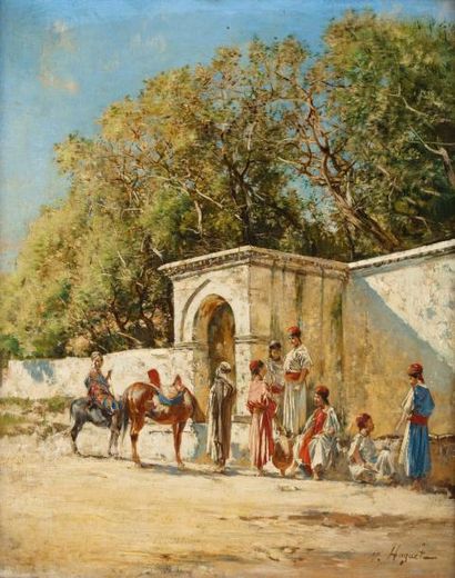 Victor Pierre HuGuet (1835-1902) Porte aux environs de Tunis Huile sur panneau, signée...