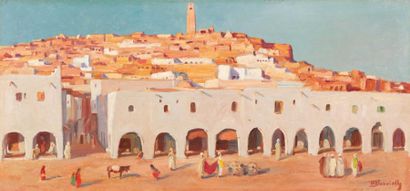 Maurice BOUVIOLLE (1893-1971) Place à Ghardaïa Huile sur panneau, signée en bas à...