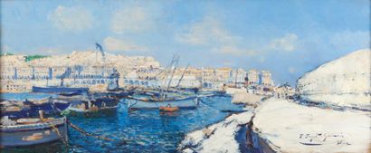 Pierre FAGET-GERMAIN (1890-1961) Panorama du Port d'Alger Huile sur panneau, signée...