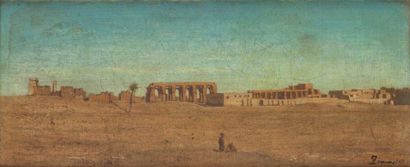 Ecole Orientaliste du XIXème siècle Vue du temple de Louxor Huile sur papier marouflé...