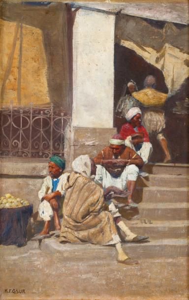 Karl Friedrich GSUR (1871-1939) Marchands de fruits à Tunis Huile sur toile, signée...