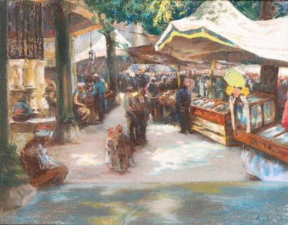 Alexandre LUNOIS (1863-1916) Marché à Istanbul Pastel, monogrammé en bas à droite....