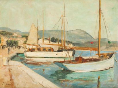 Louis Michel BERNARD (1885-1962) Bateaux à quai Huile sur toile, signée en bas à...