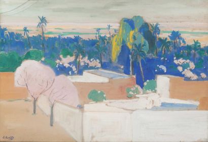 Louis Michel BERNARD (1885-1962) L'oasis en bleu Gouache, signée en bas à gauche....