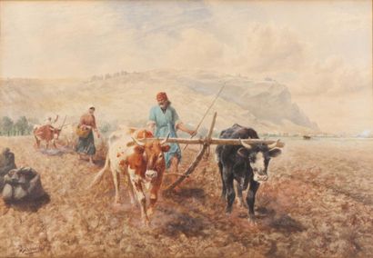 Richard BEAVIS (1824-1896) Scène de labour au pied du Mont Carmel Aquarelle, signée...