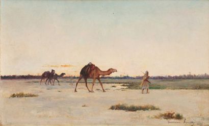 Francisque NOAILLY (1855-1942) Chameaux et chameliers aux marches du désert Huile...