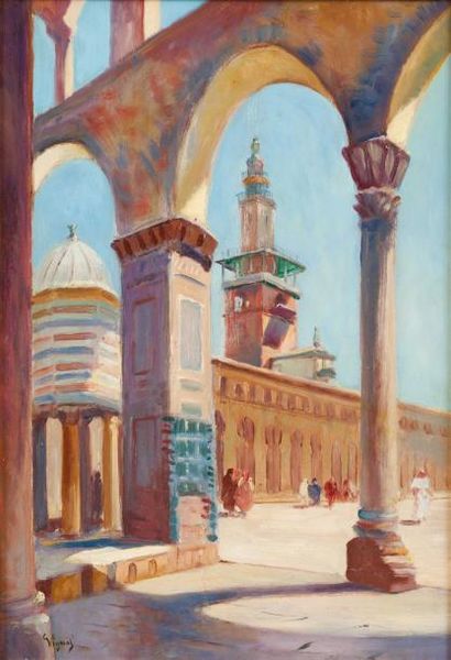PIERRE VIGNAL (1855-1925) Vue de la mosquée des Omeyyades à Damas Huile sur carton,...