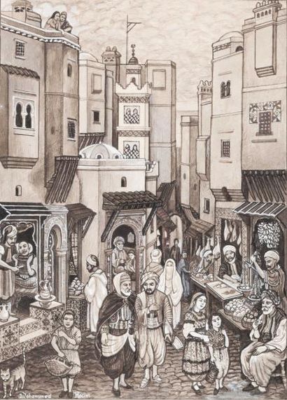 Mohammed RACIM (1896-1975) Scène de rue animée Miniature à l'aquarelle, gouache et...