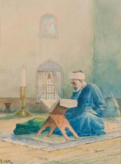 Hasan SAIM (XIX-XXème) La lecture Aquarelle, signée en bas à gauche. 35 x 26 cm (à...