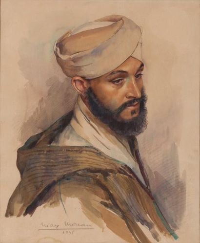 Max MOREAU (1902-1992) Portrait de marocain au burnous Aquarelle et crayon, signée...