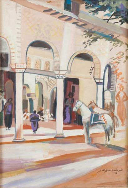 Georgine HADDAD (né en 1957) Le souk à Byblos, Liban Huile sur toile, signée en bas...