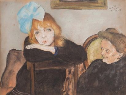 Jean LAUNOIS (1898-1942) Mère et fille Pastel, signé en haut à droite, titré, situé...