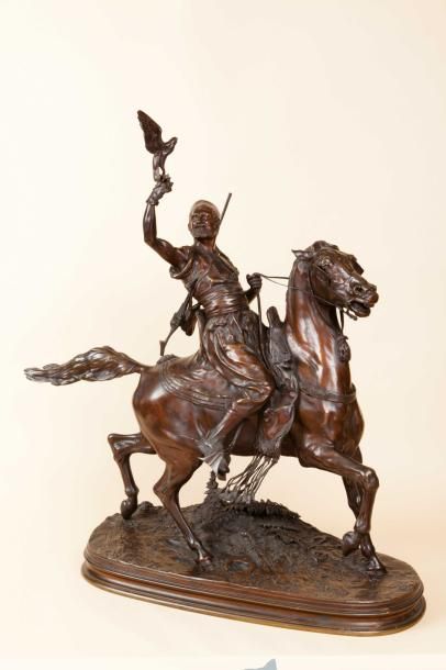 D'après Pierre Jules MENE (1810-1879) Le fauconnier arabe à cheval Epreuve en bronze...