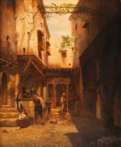 Eugène FLANDIN (1809-1876) La Cour du Café Maure, Alger Huile sur toile, signée en...