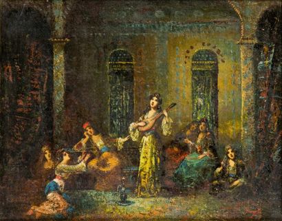 Frédéric BORGELLA (1833-1901) Danseuse et musiciens orientaux Huile sur toile, signée...