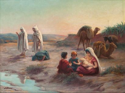 José ALSINA (1850-19..) Maternité dans le désert Huile sur toile, signée en bas à...