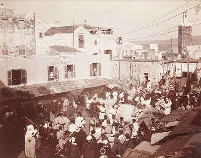A Cavilla Maroc, c. 1880. Tanger. Fantasia, Grand Socco. Fantasia pédestre au Petit...
