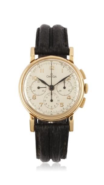 OMEGA N°10875777 vers 1940 Beau chronographe bracelet en or 18k (750). Boîtier rond,...